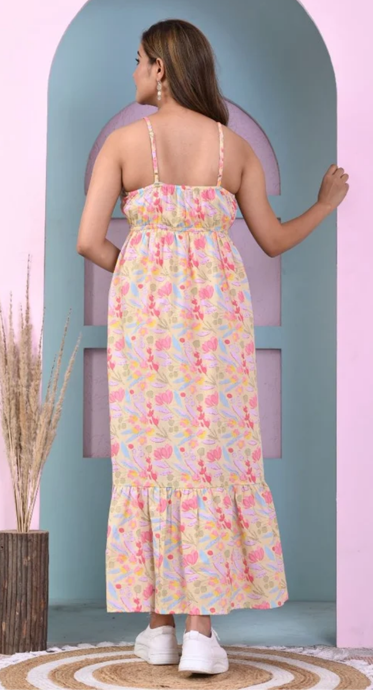 Yellow Floral Cotton Tiered Maxi Dress for Women S-XL Sleeveless | GypsieBlu