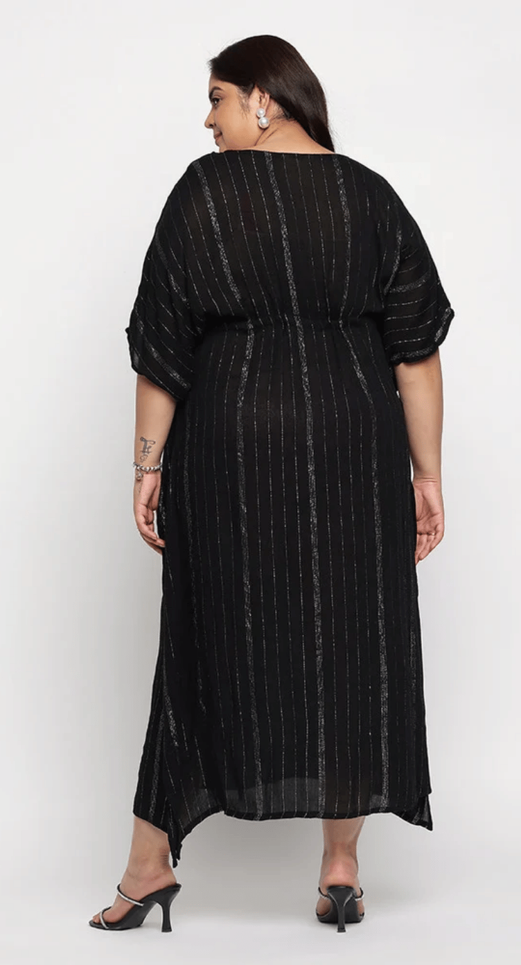 Black Striped Rayon Plus Size Kaftan Dress for Women 1X-3X | GypsieBlu