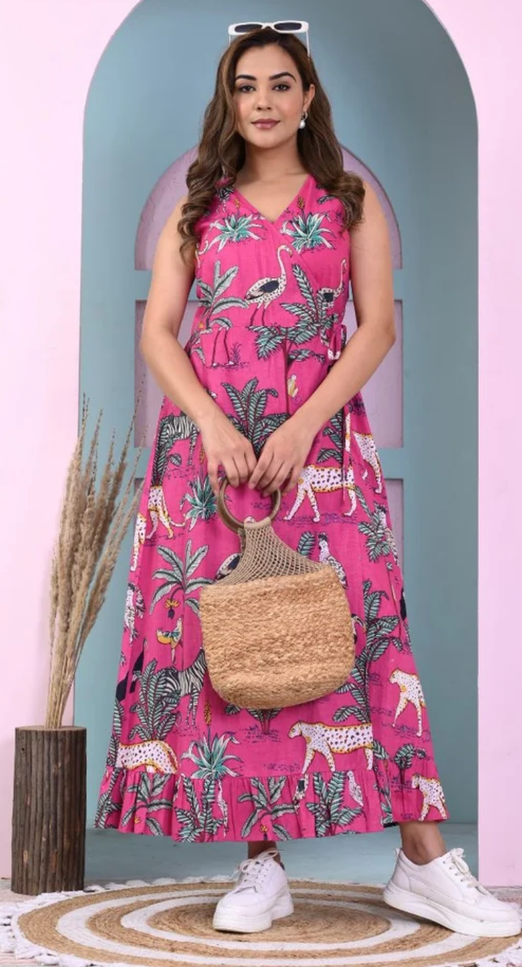 Deep Pink Tropical Cotton Dress for Women S-XL | GypsieBlu