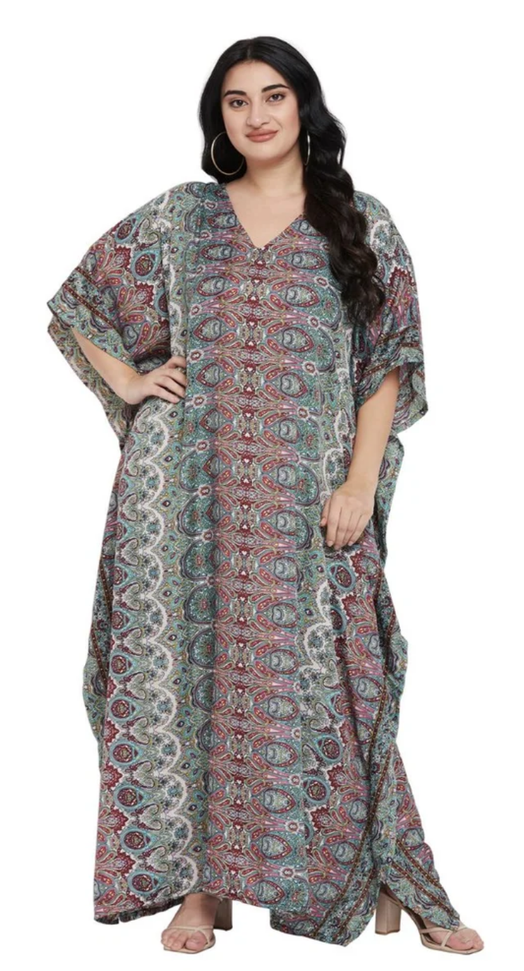 GypsieBlu Teal & Burgundy Polyester Plus Size Kaftan for Women V-Neck 1X-3X - Paisley Damask Stripe Print