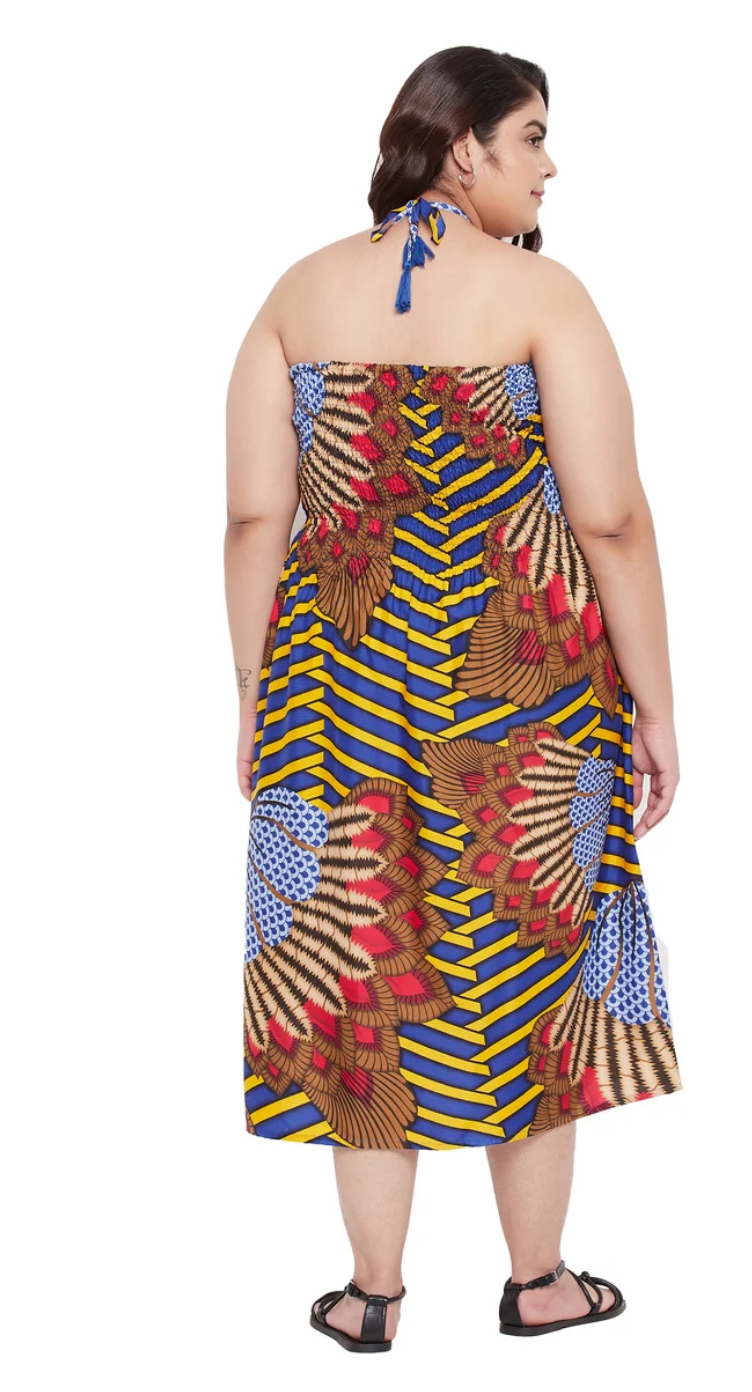 Blue African Print Polyester Plus Size Tube Dress for Women 1X-3X Sleeveless | GypsieBlu