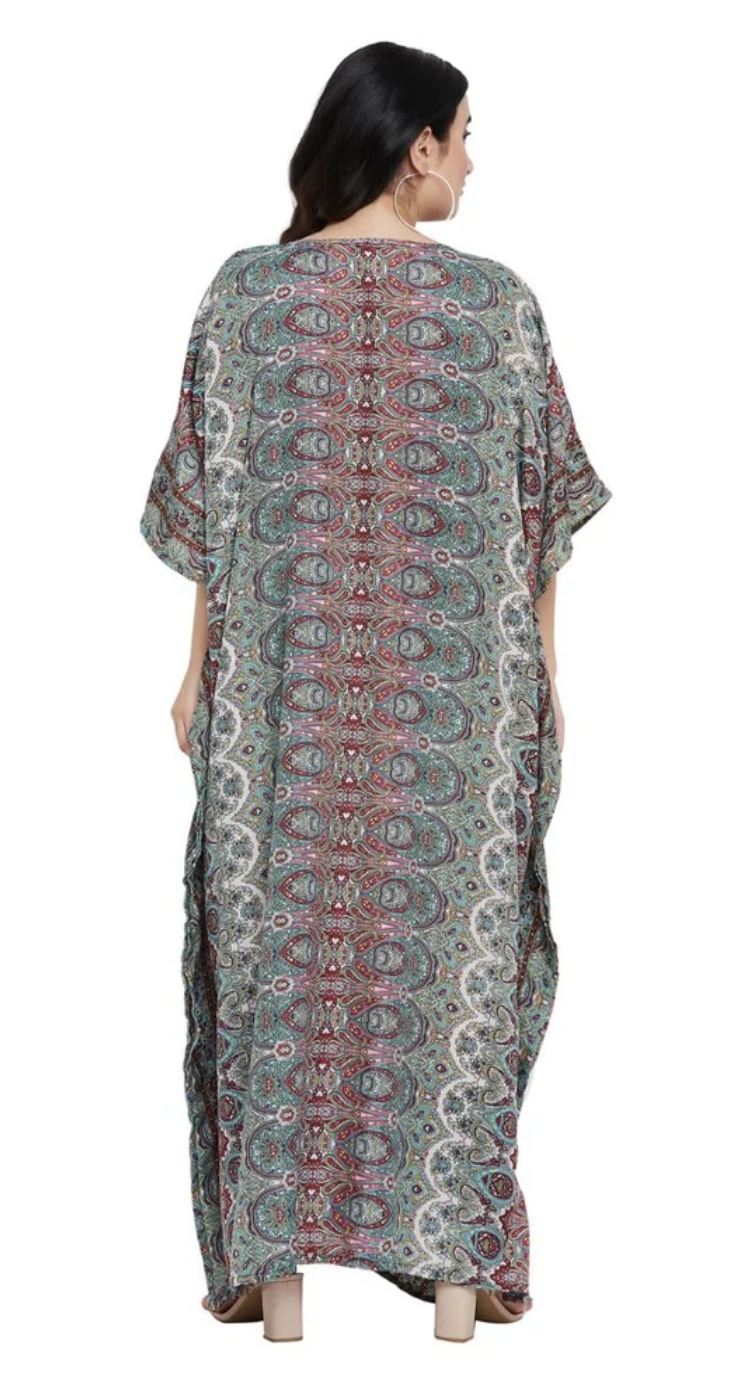 GypsieBlu Teal & Burgundy Polyester Plus Size Kaftan for Women V-Neck 1X-3X - Paisley Damask Stripe Print