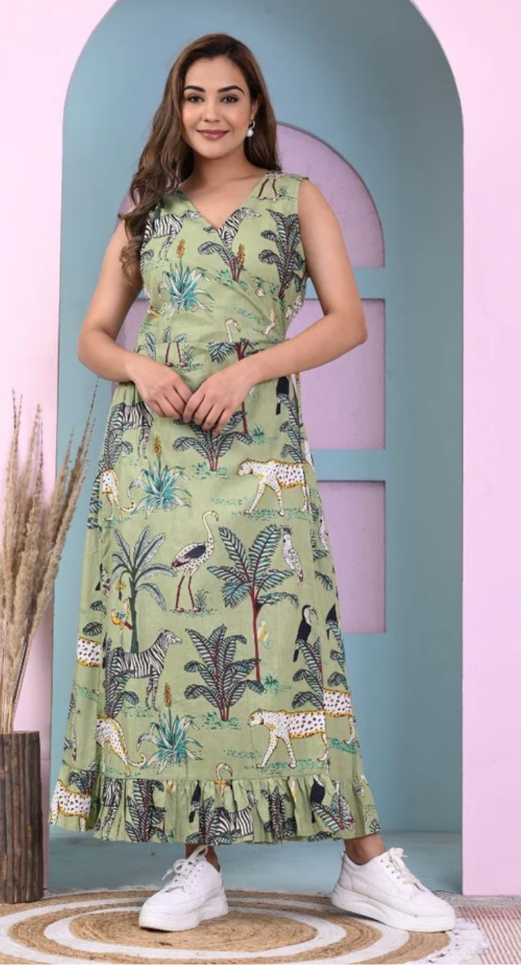 Moss Green Tropical Cotton Dress for Women S-XL | GypsieBlu