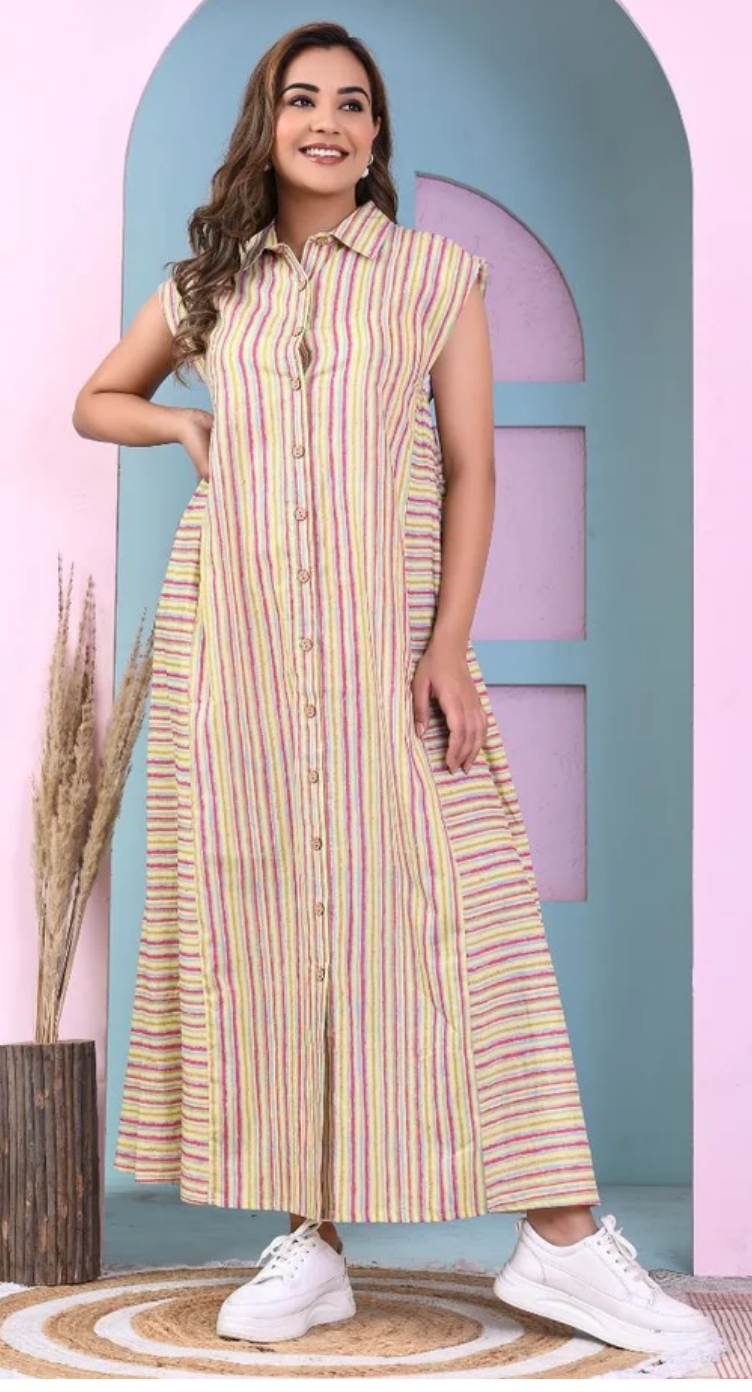 Yellow Striped Cotton Dress for Women S-XL | GypsieBlu