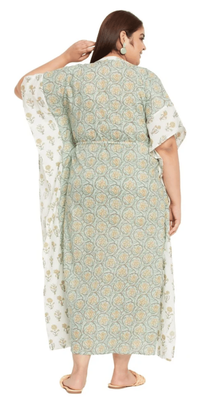 GypsieBlu Sea Green Plus Size Cotton Kaftan Dress for Women 3/4 Sleeve 1X-3X