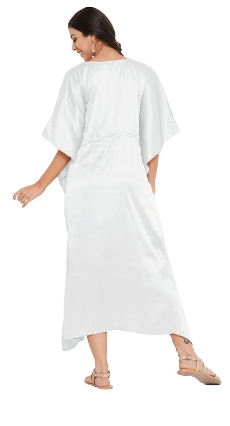 GypsieBlu White Plus Size Satin Kaftan Dress for Women Kimono Sleeve 1X-3X