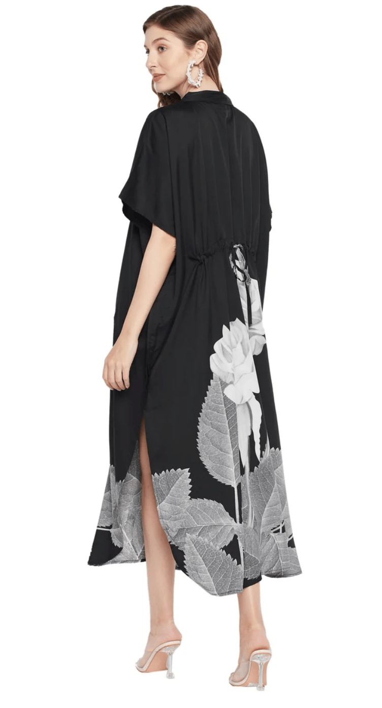 GypsieBlu Black Polyester Plus Size Kaftan for Women Collared Button-Front 1X-3X - White Rose Floral Border Print