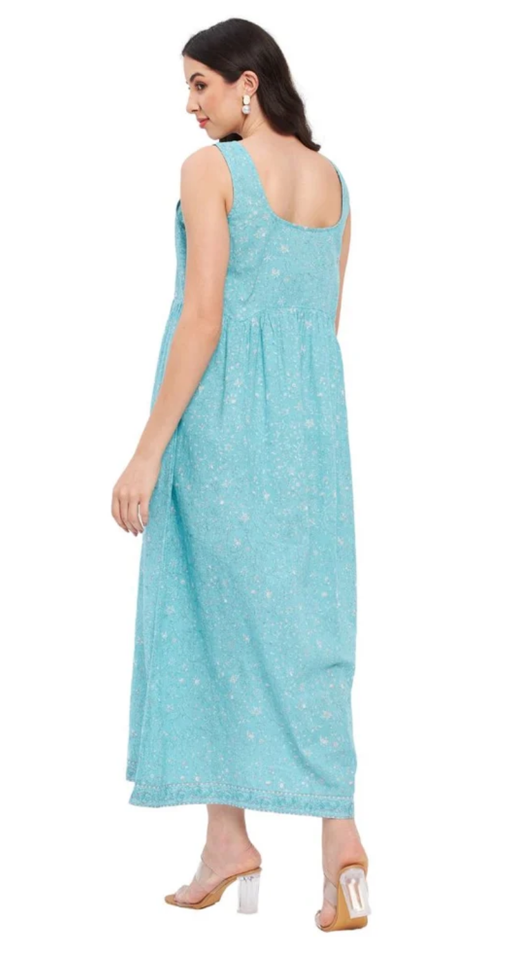 Ditsy Turquoise Floral Cotton Maxi Dress for Women S-XL Sleeveless | GypsieBlu