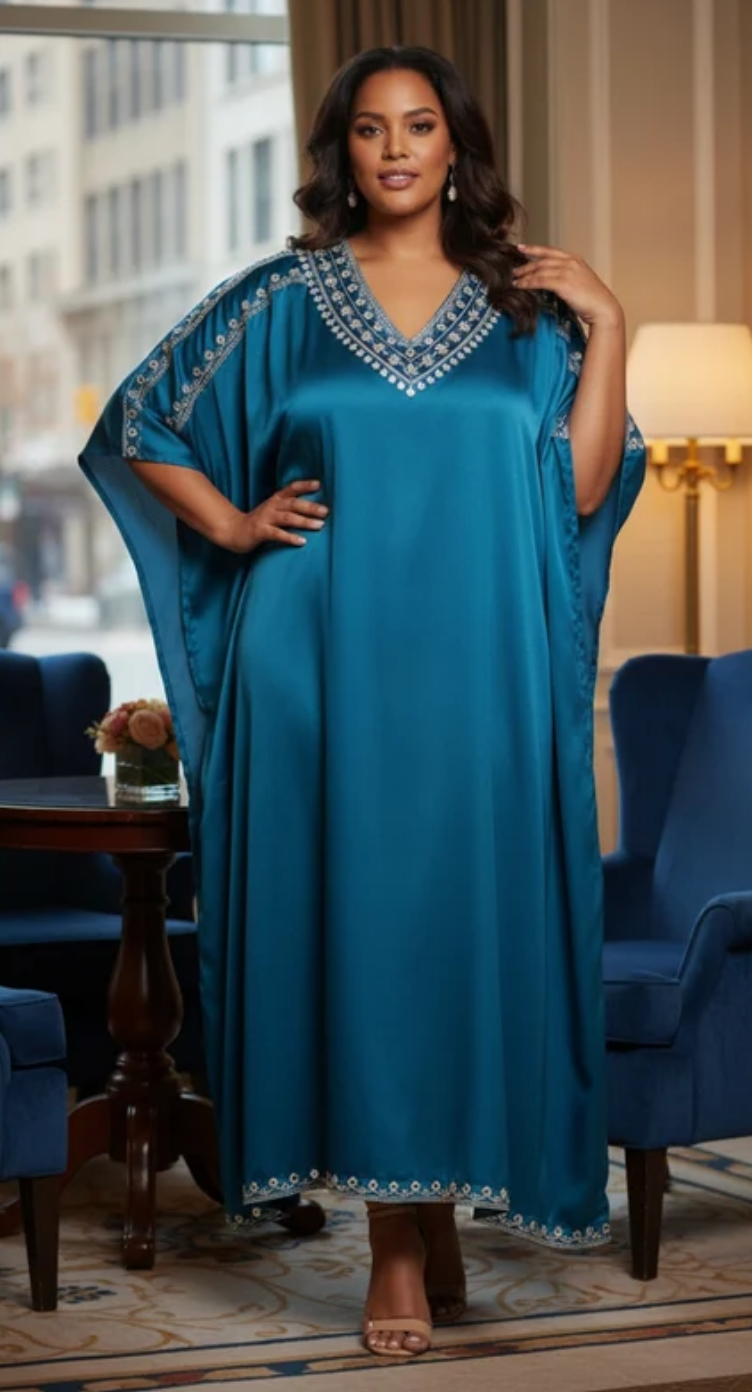 Corsair Blue Embroidered Satin Plus Size Kaftan Dress for Women 1X-3X | GypsieBlu