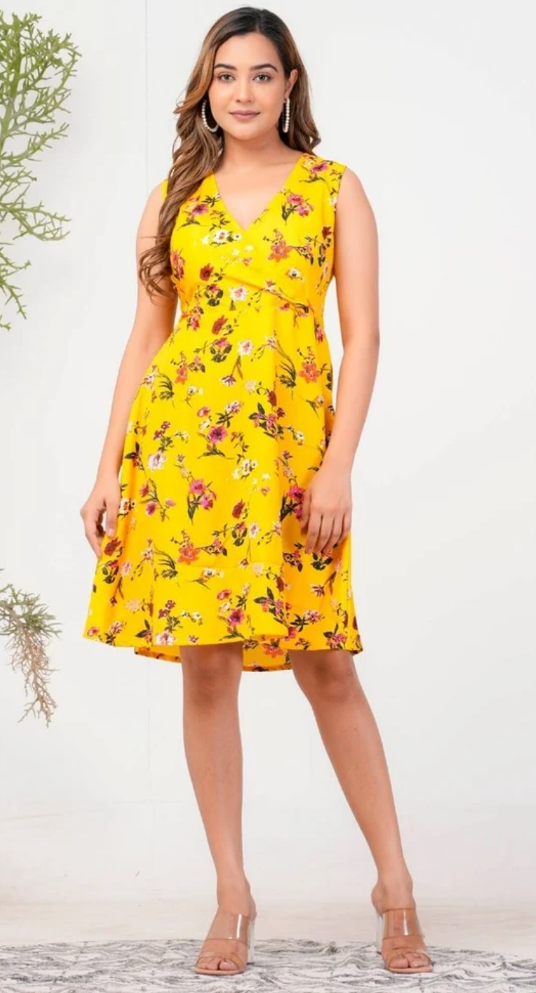 Yellow Floral Polyester Midi Dress for Women S-XL Sleeveless | GypsieBlu