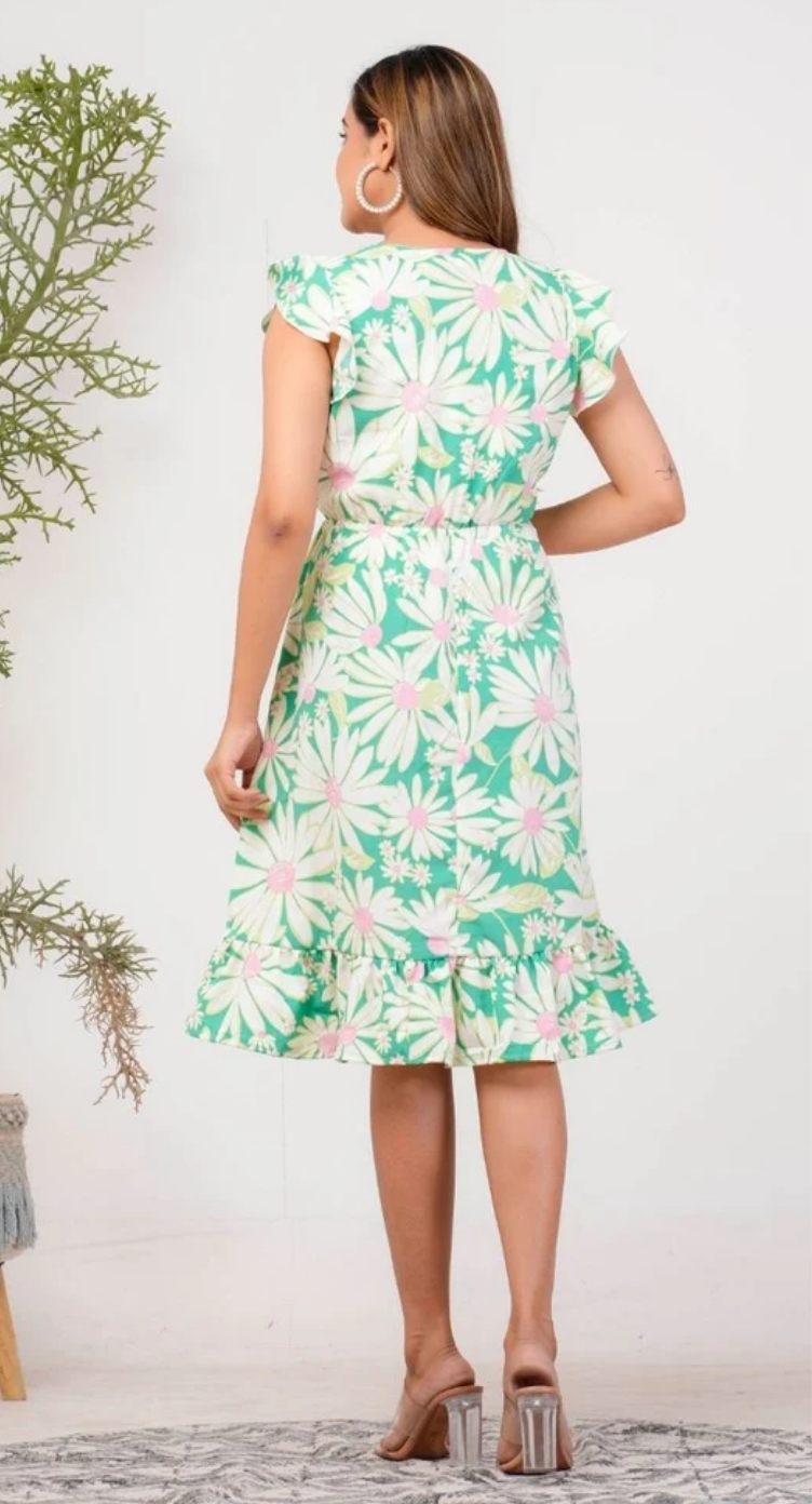 Fluorescent Green Floral Wrap Polyester Dress for Women S-XL Sleeveless | GypsieBlu