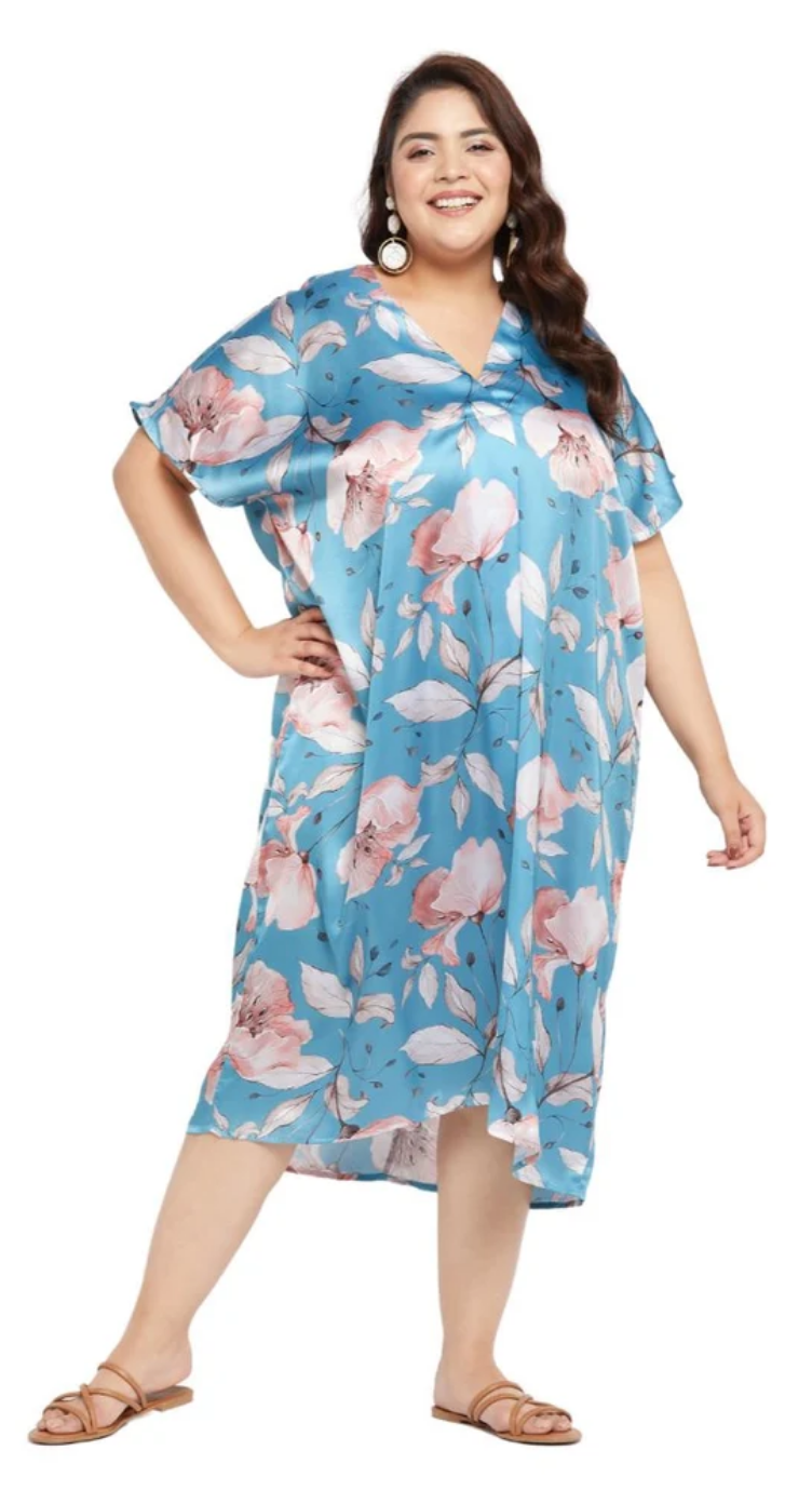 Pastel Blue Floral Peony Bloom Satin Plus Size Kaftan Dress for Women 1X-3X V Neck | GypsieBlu