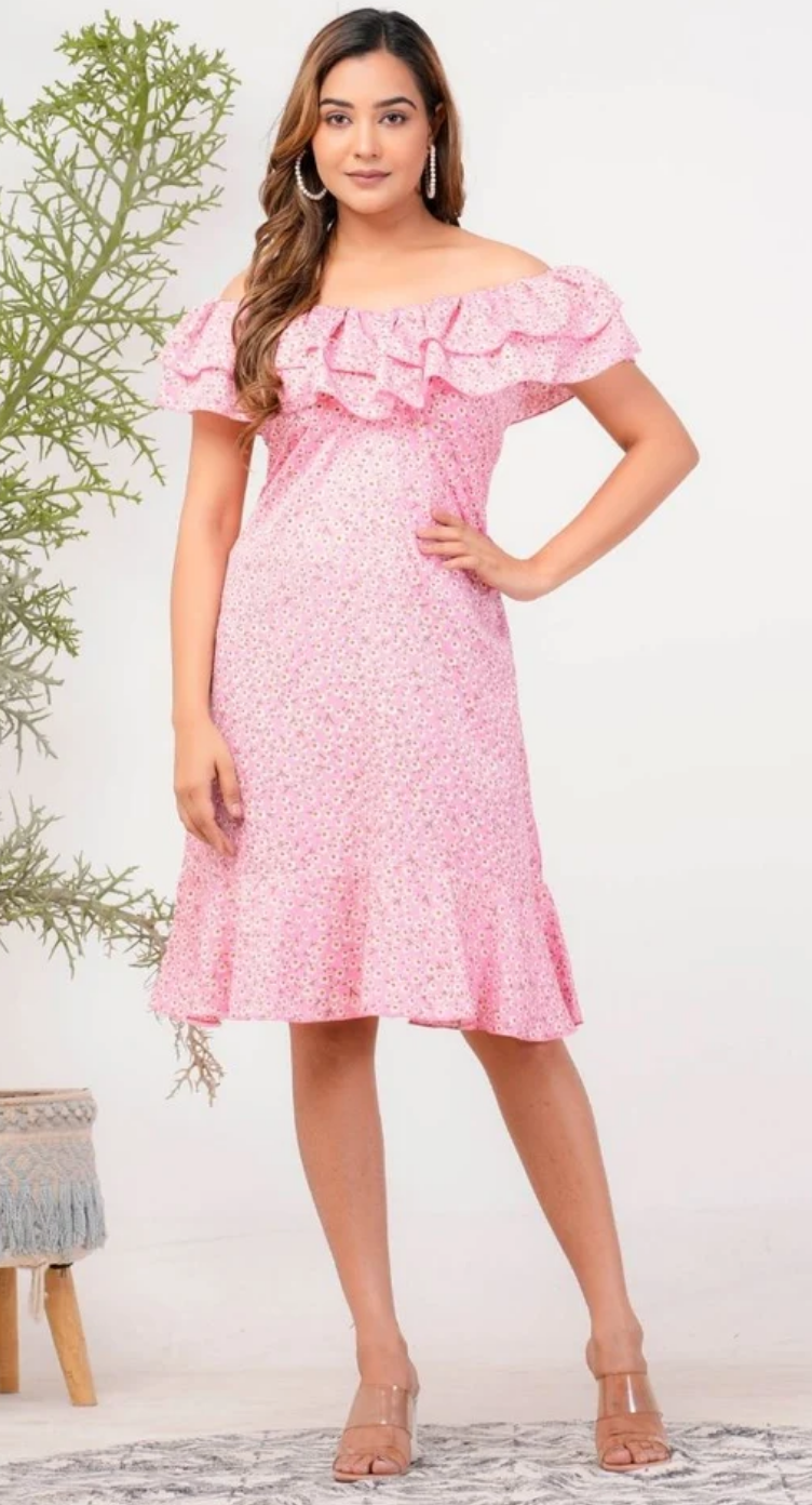 Pink Floral Polyester Midi Dress for Women S-XL | GypsieBlu
