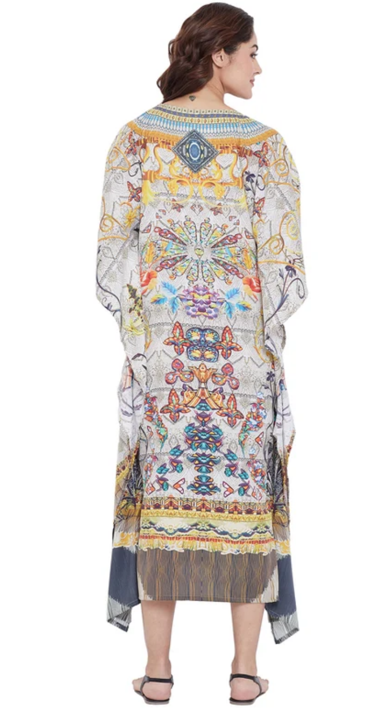 Beige Floral Polyester Plus Size Kaftan Dress for Women 1X-3X | GypsieBlu