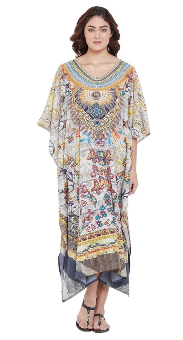 Beige Floral Polyester Plus Size Kaftan Dress for Women 1X-3X | GypsieBlu