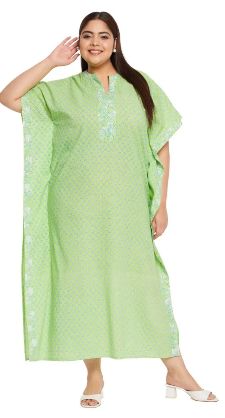 GypsieBlu Neon Green Floral Plus Size Cotton Kaftan Dress for Women 3/4 Sleeve 1X-3X