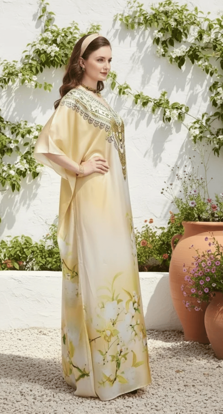 Cream Floral Blossom Medallion Yoke Satin Plus Size Kaftan Dress for Women 1X-3X 3/4 Sleeve | GypsieBlu