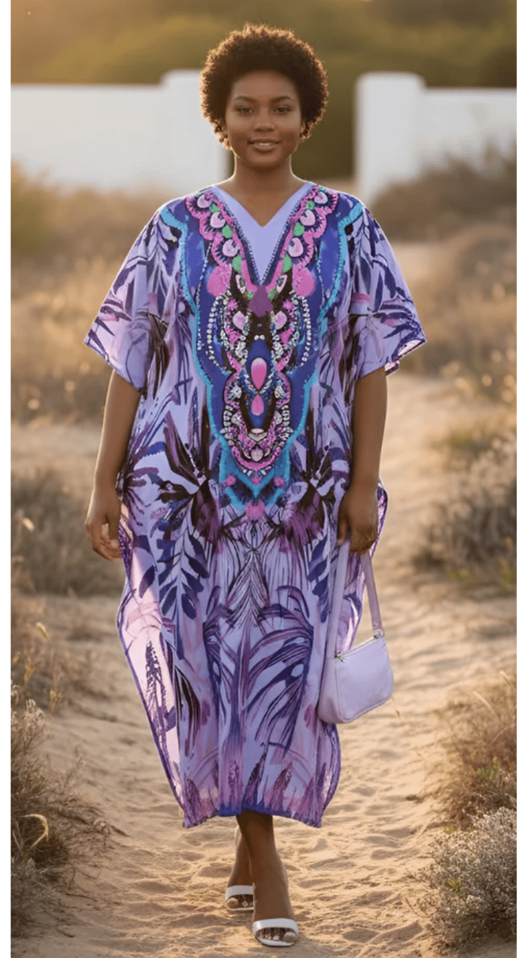 Purple Butterfly Medallion Polyester Plus Size Kaftan for Women 1X-3X | GypsieBlu