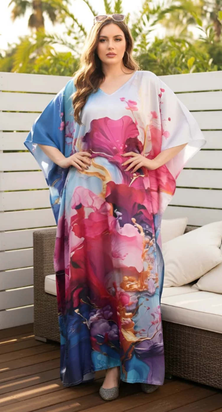 Pink Lemonade Floral Satin Plus Size Kaftan Dress for Women 1X-3X | GypsieBlu