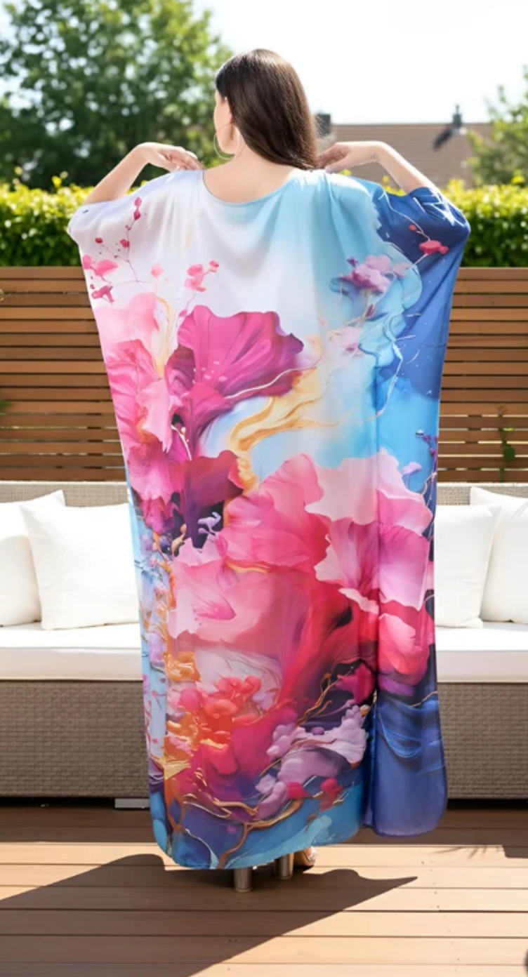 Pink Lemonade Floral Satin Plus Size Kaftan Dress for Women 1X-3X | GypsieBlu