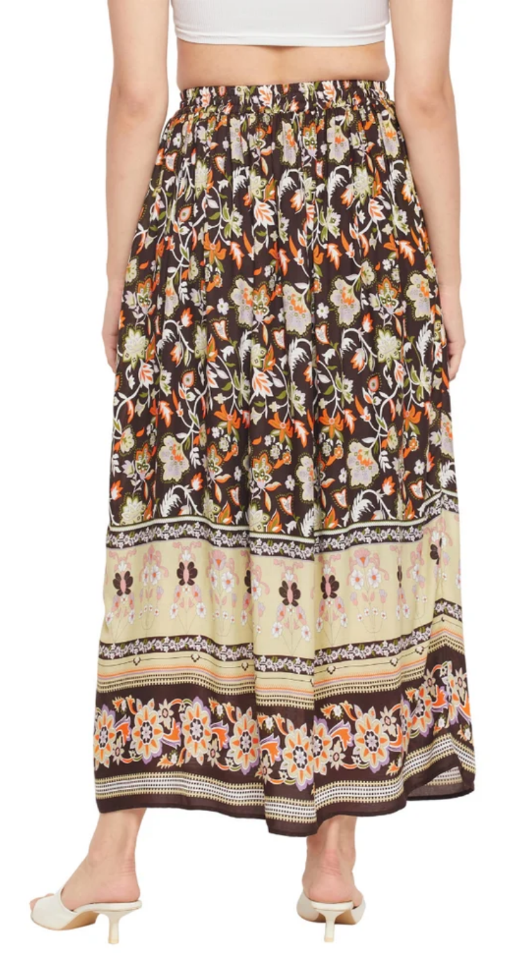 Brown Multicolor Floral Border Rayon Skirt for Women S-XL | GypsieBlu