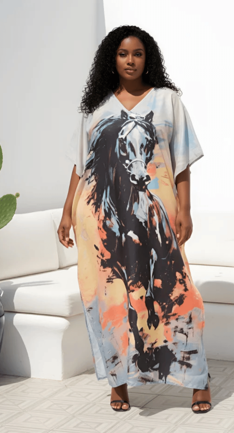 Multicolor Painterly Horse Polyester Plus Size Kaftan for Women 1X-3X | GypsieBlu