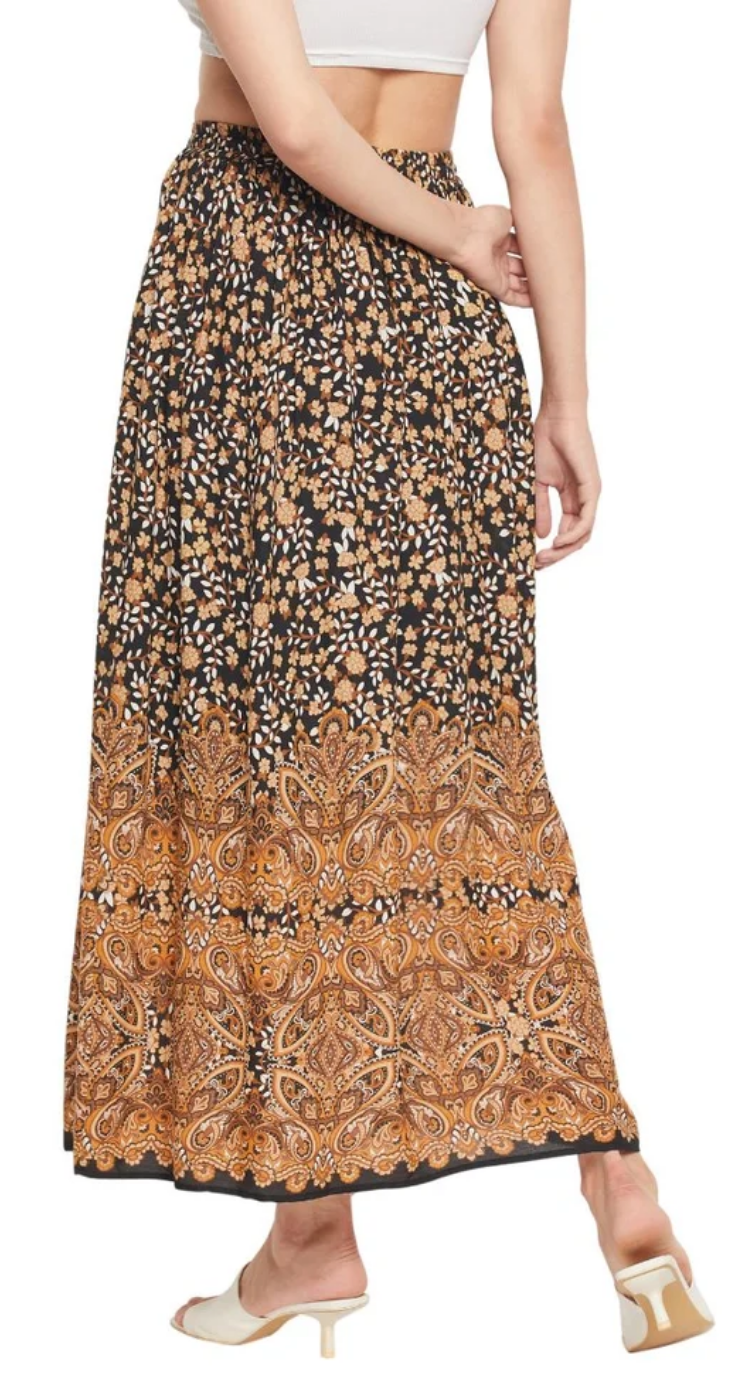 Brown & Black Floral Border Rayon Skirt for Women S-XL | GypsieBlu