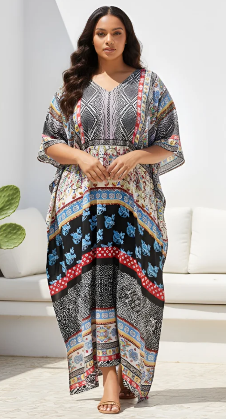 Floral Tribal Patchwork Polyester Plus Size Kaftan for Women 1X-3X | GypsieBlu