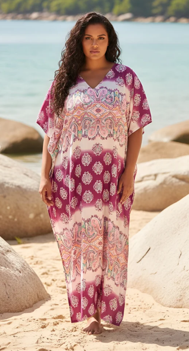 Pink Dye Paisley Polyester Plus Size Kaftan for Women 1X-3X | GypsieBlu