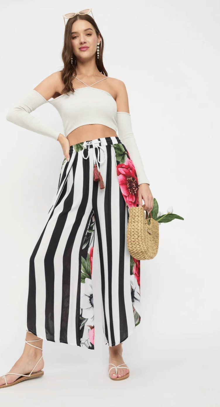 Black Striped & Floral Rayon Bottom Pants for Women S-XL | GypsieBlu
