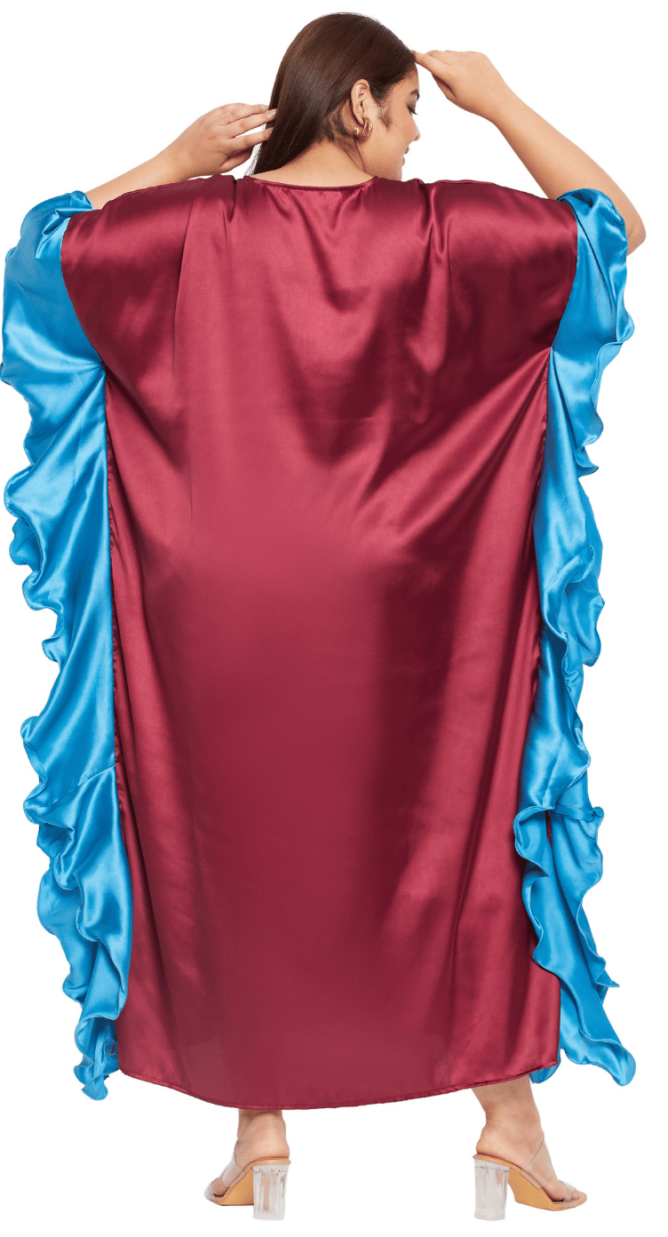 Maroon satin plus size kaftan dress with turquoise contrast ruffle sleeve trim and V-neck — second view