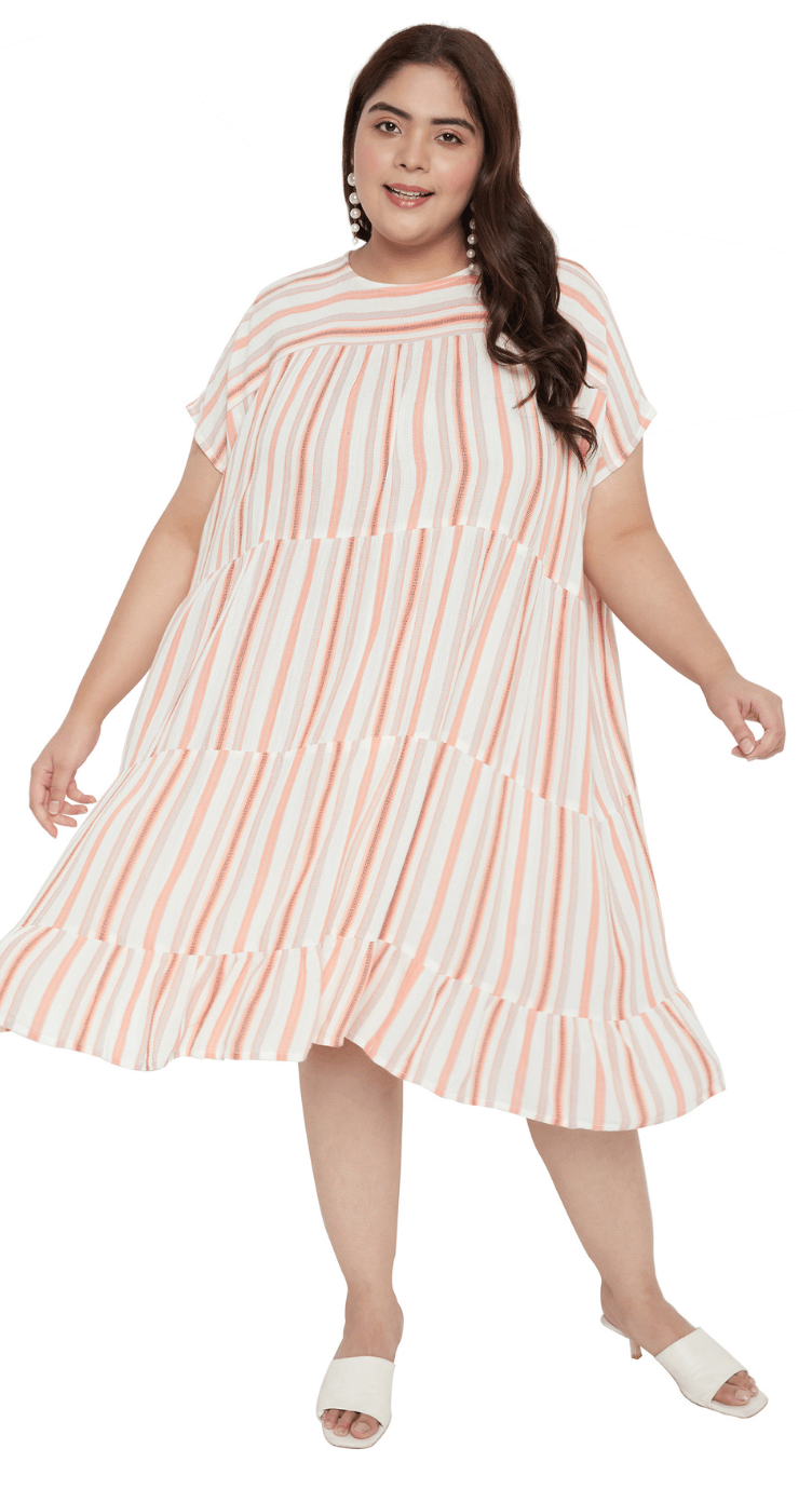 Off-White Striped Printed Cotton Midi Dress For Plus Size Women