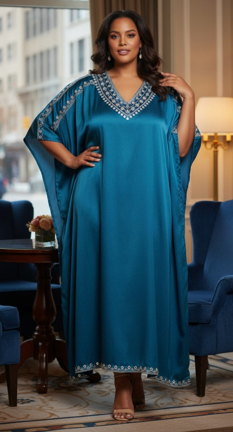 Corsair Blue Embroidered Satin Plus Size Kaftan Dress for Women 1X-3X | GypsieBlu