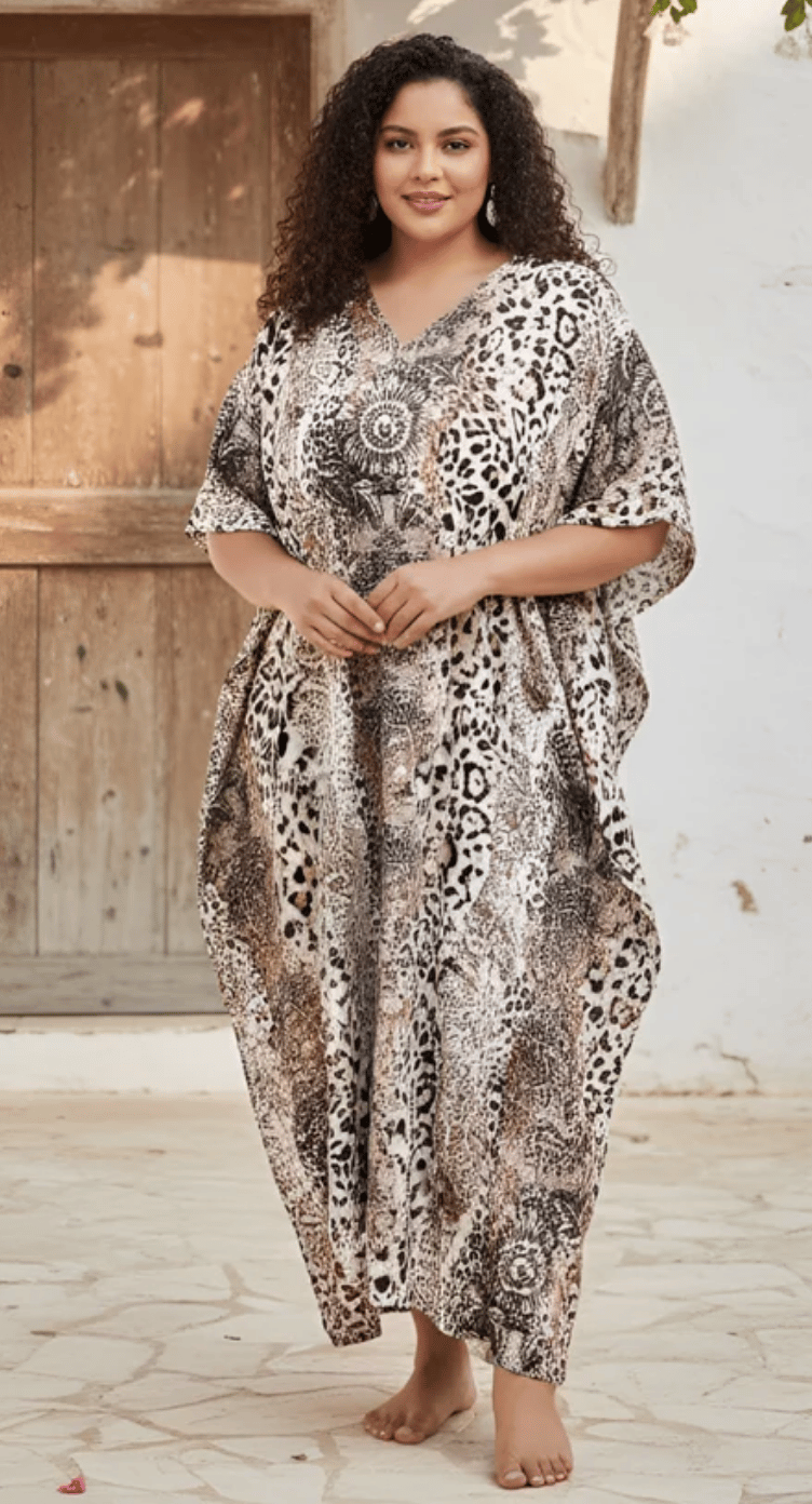 White Leopard Animal Polyester Plus Size Kaftan for Women 1X-3X | GypsieBlu