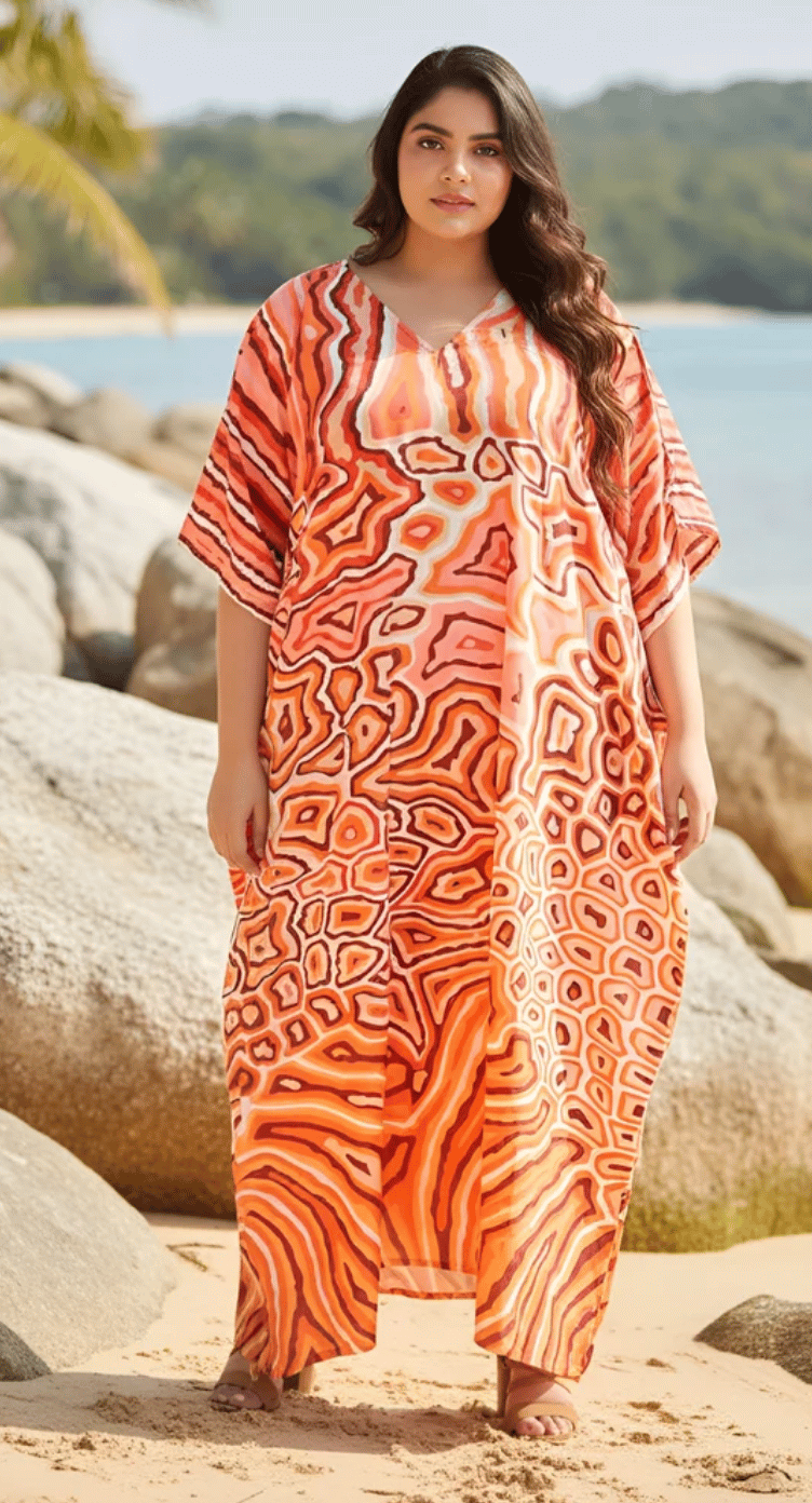 Orange Abstract Marble Polyester Plus Size Kaftan for Women 1X-3X | GypsieBlu