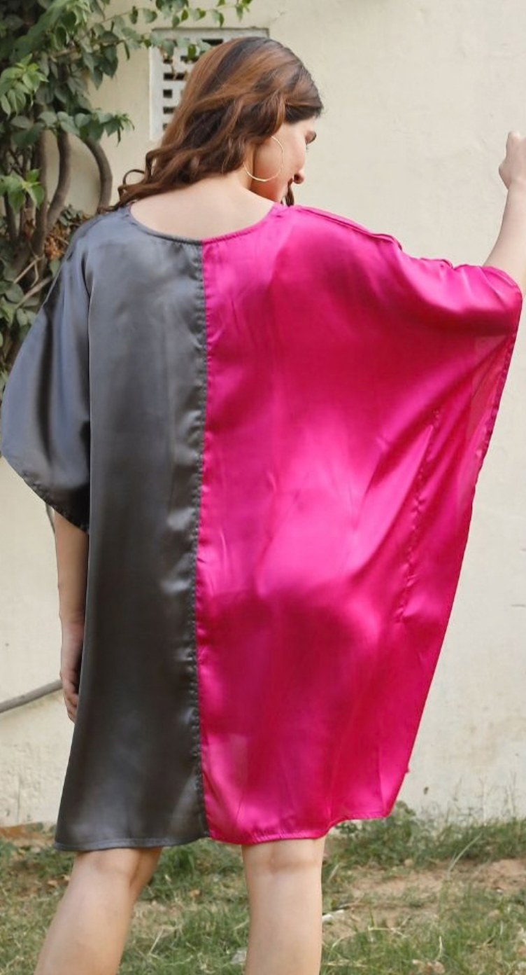 Gray & Pink Colorblock Satin Plus Size Tunic for Women 1X-3X 3/4 Sleeve V Neck | GypsieBlu