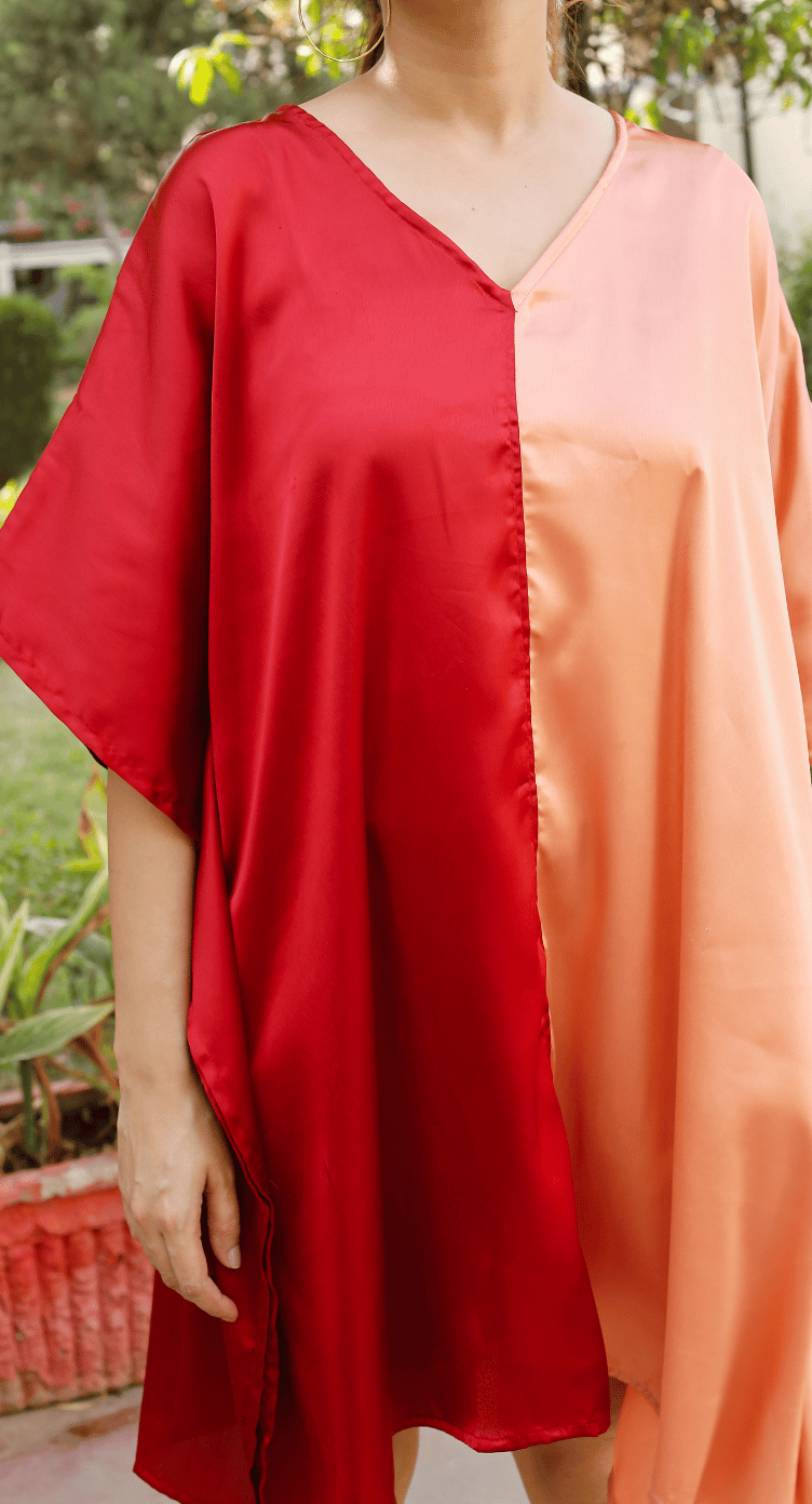 Red and peach colourblock satin plus size tunic with V-neck and kimono sleeves — view 3