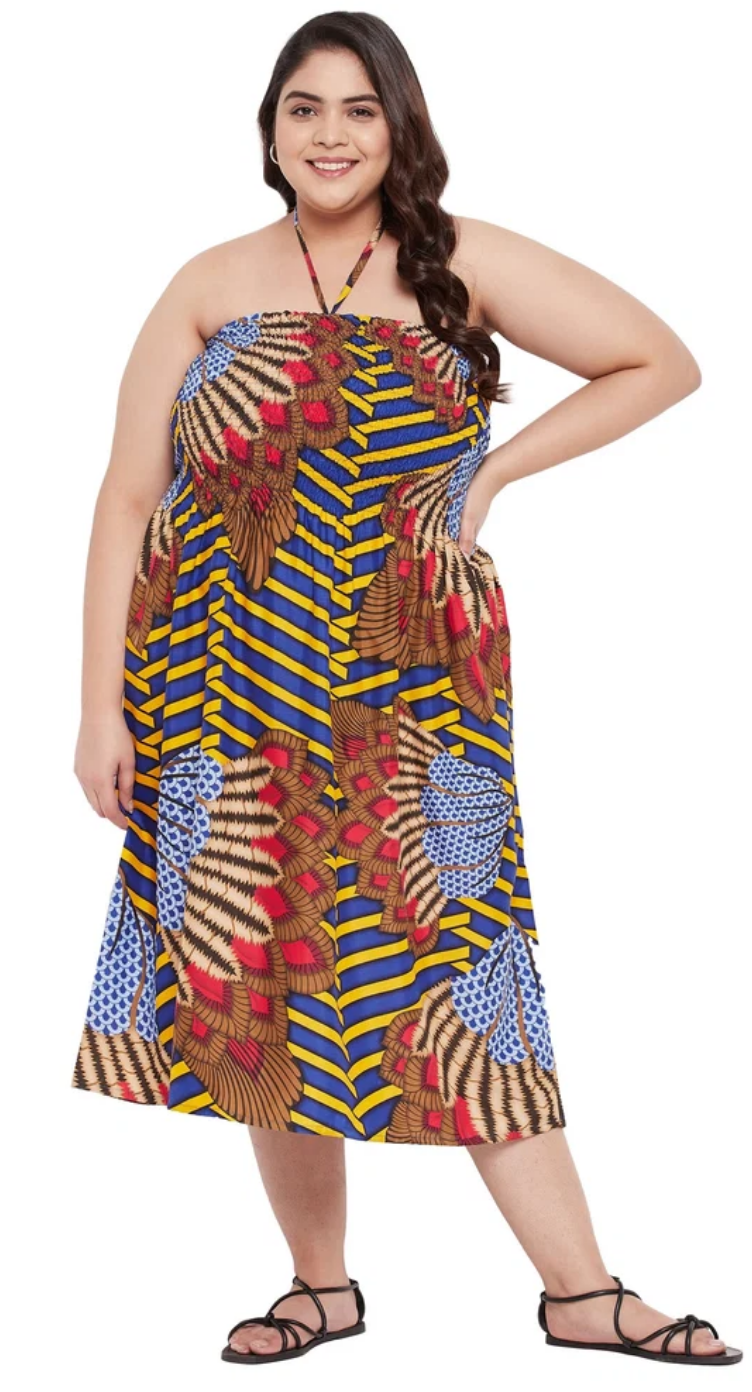 Blue African Print Polyester Plus Size Tube Dress for Women 1X-3X Sleeveless | GypsieBlu