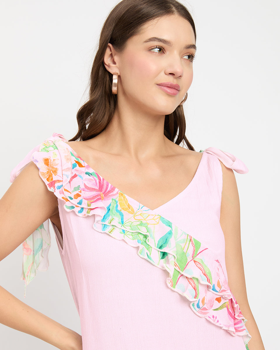 Pink Floral Print Rayon Crepe V Neck Mini Dress For Women