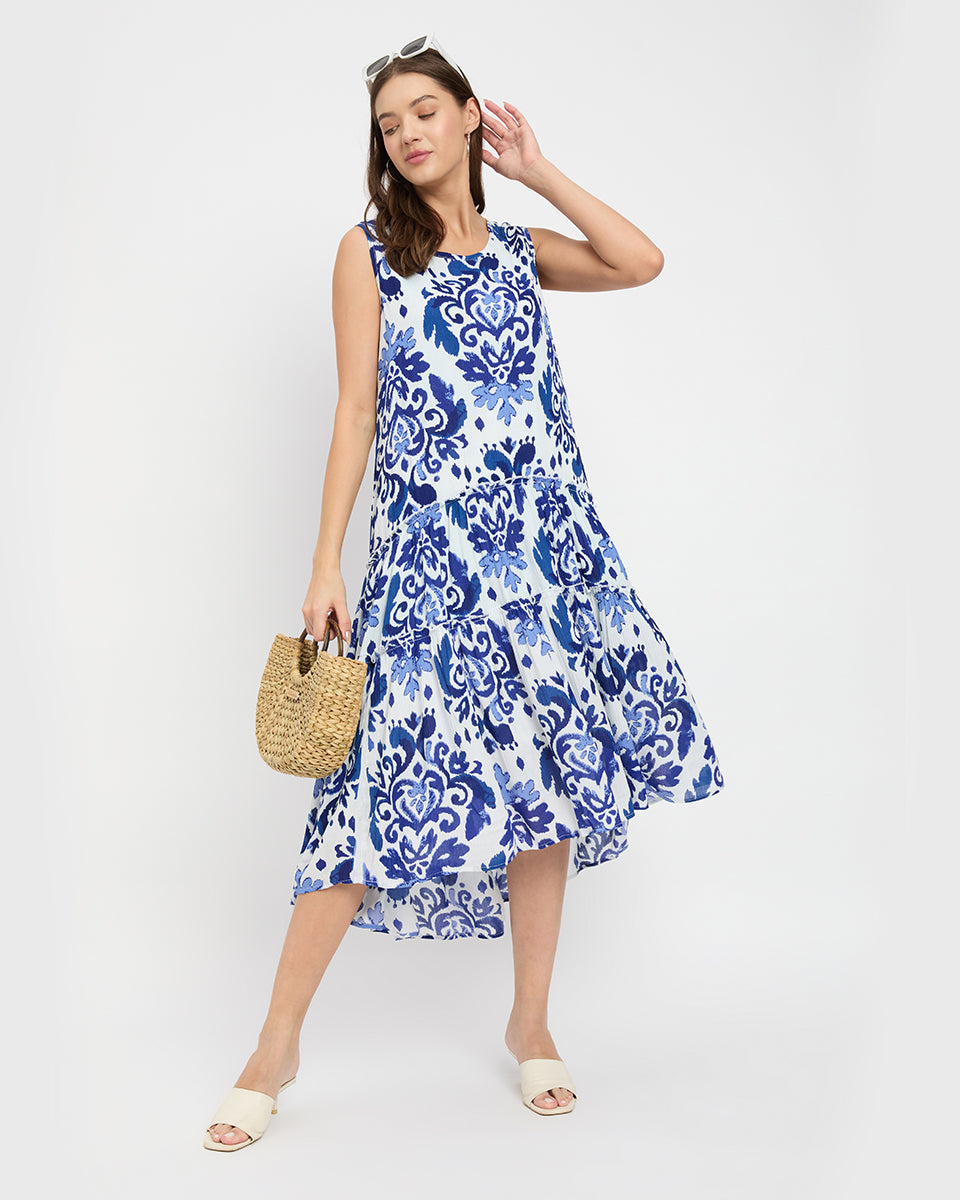 White & Blue Damask Print Flowy Midi Dress for Women