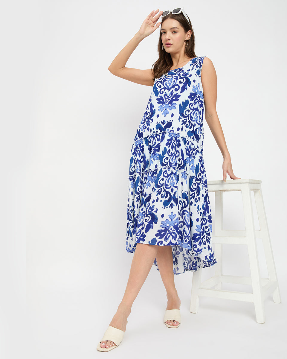 White & Blue Damask Print Flowy Midi Dress for Women