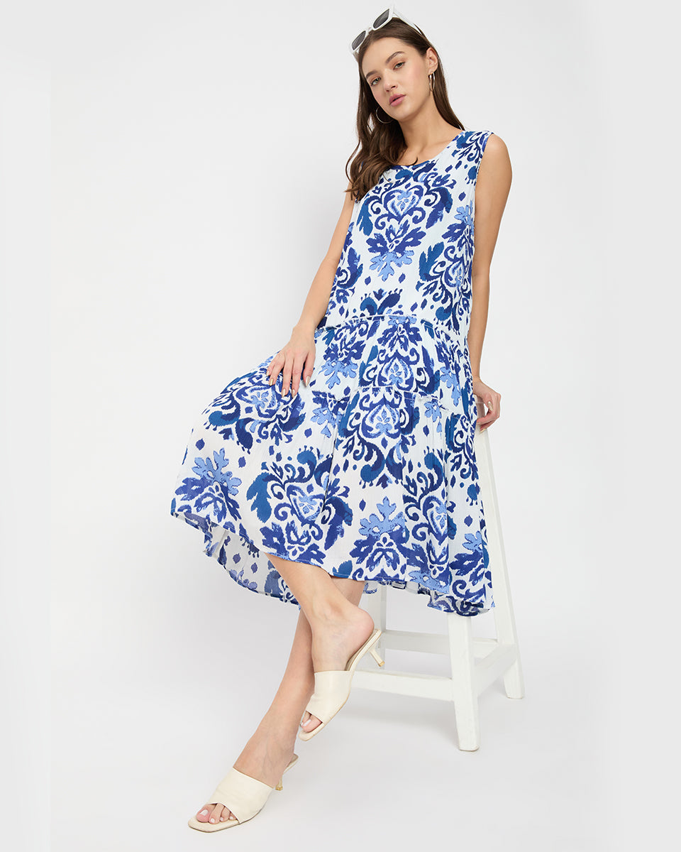 White & Blue Damask Print Flowy Midi Dress for Women