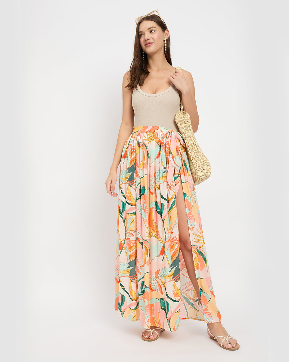 Multicolor Floral Print Rayon Crepe Sarong Skirt For Women