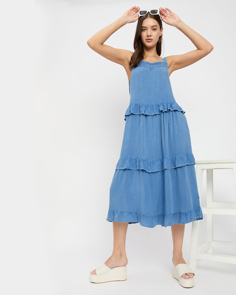 Solid Blue Women Denim Midi Dress with Ruffle Hem