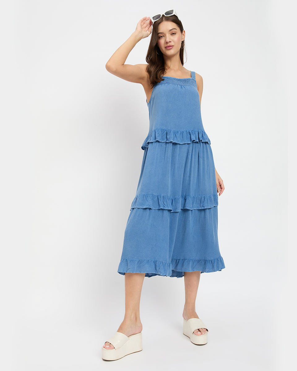 Solid Blue Women Denim Midi Dress with Ruffle Hem