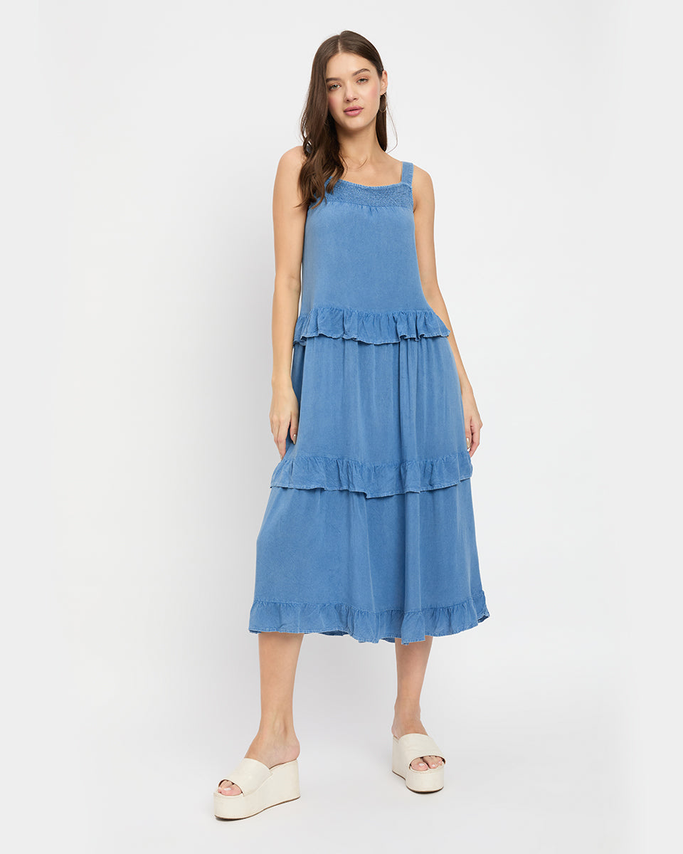 Solid Blue Women Denim Midi Dress with Ruffle Hem