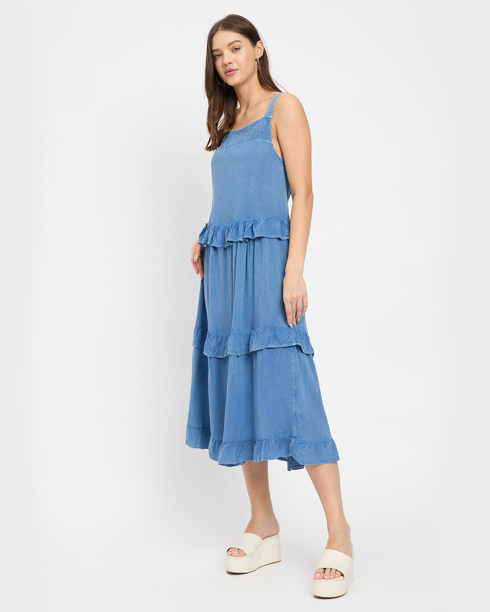 Solid Blue Women Denim Midi Dress with Ruffle Hem