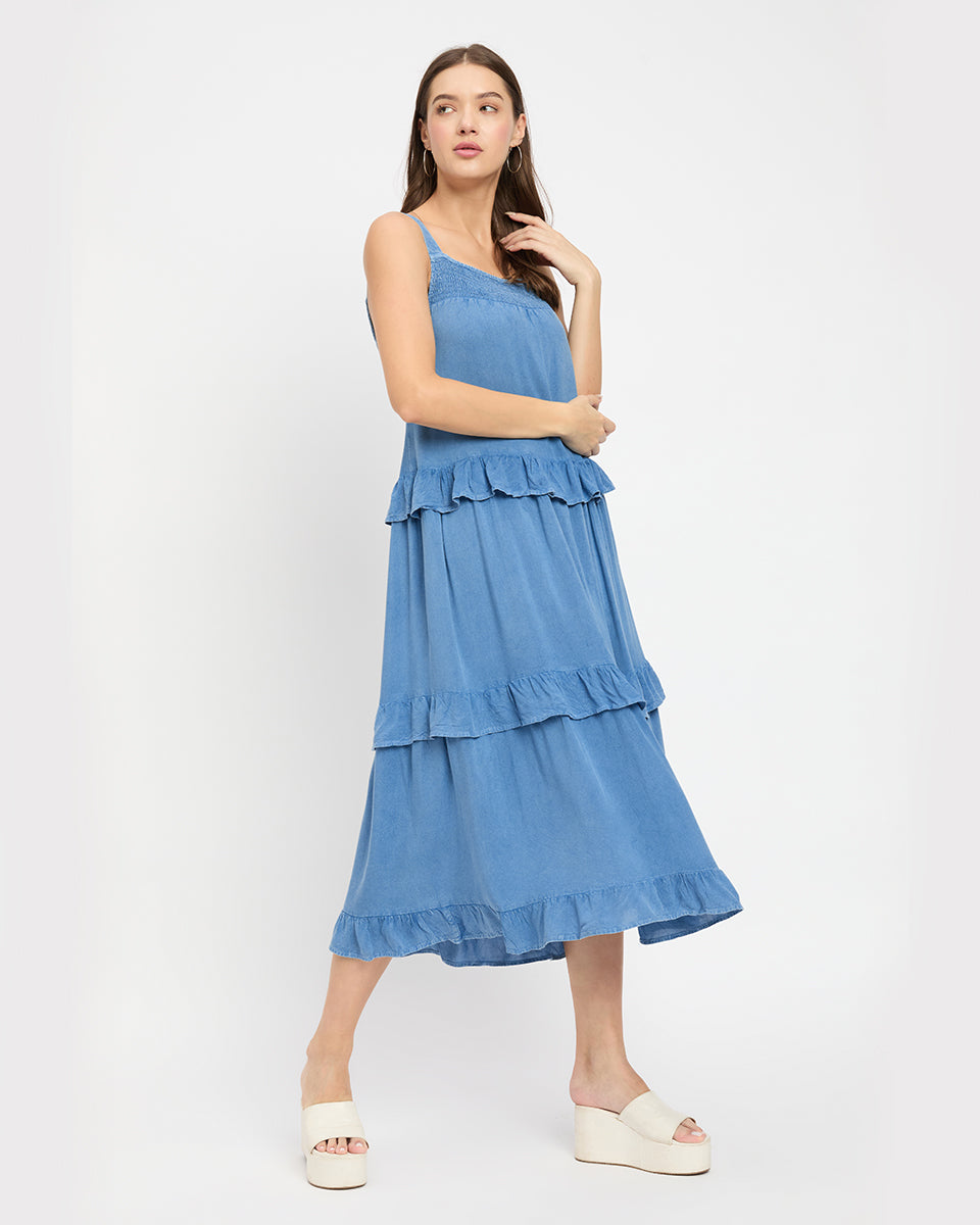Solid Blue Women Denim Midi Dress with Ruffle Hem