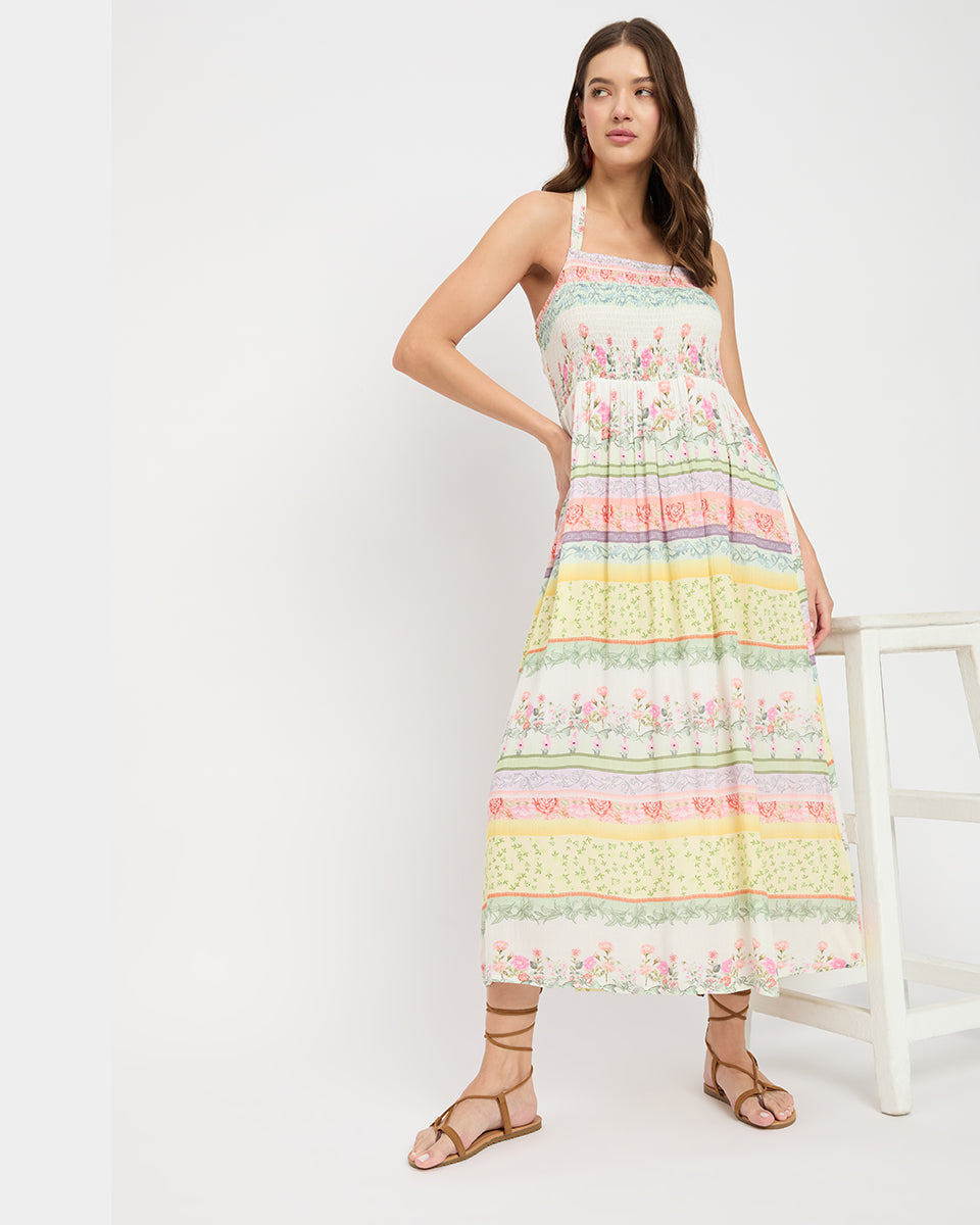 White Floral Astonishing Rayon Crepe Halter Neck Dress For Women