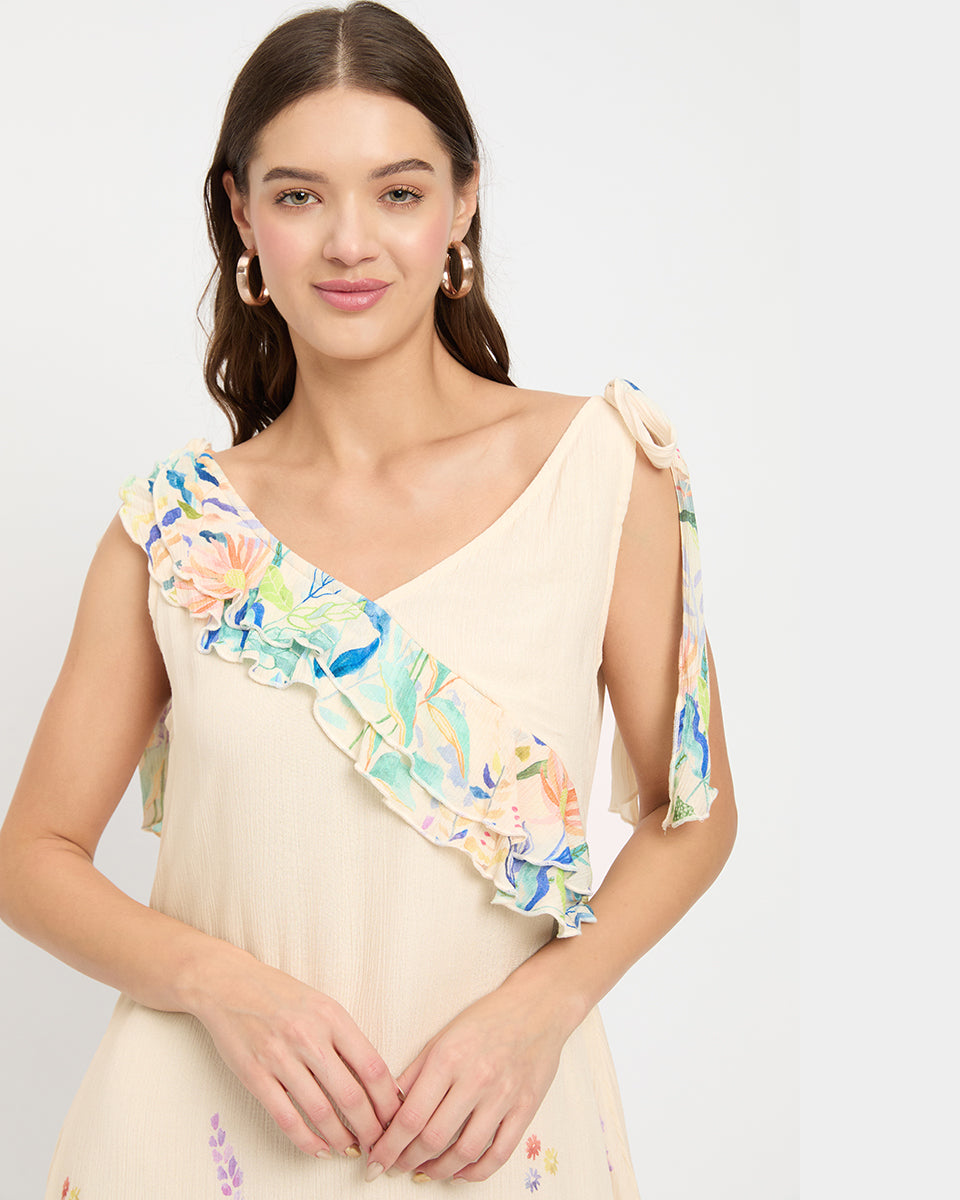Cream Color Floral Print Rayon Crepe Sundress Women Mini Dress